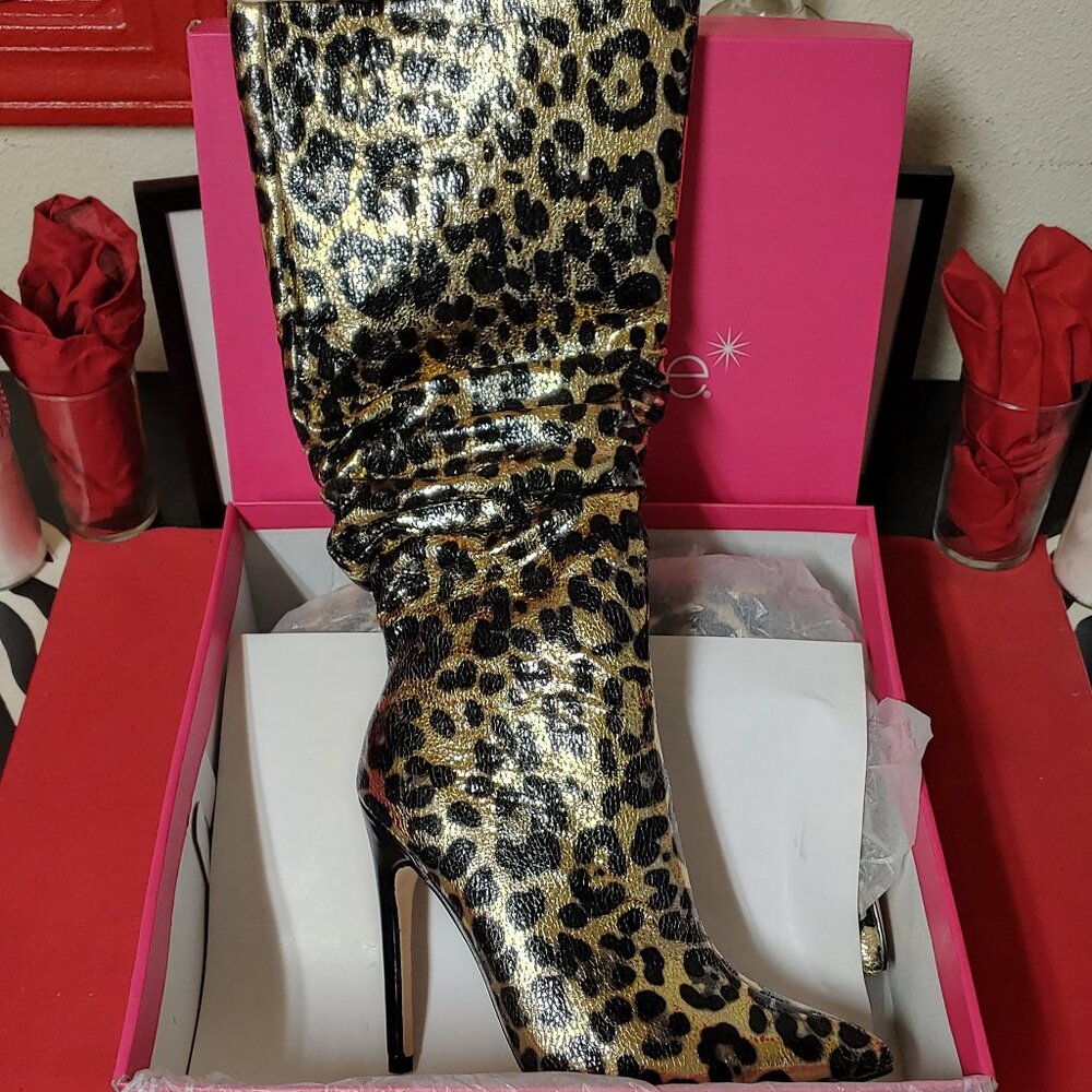 Slouchy Gold Leopard Stiletto Heeled Boots (Color Available: Black/Gold)